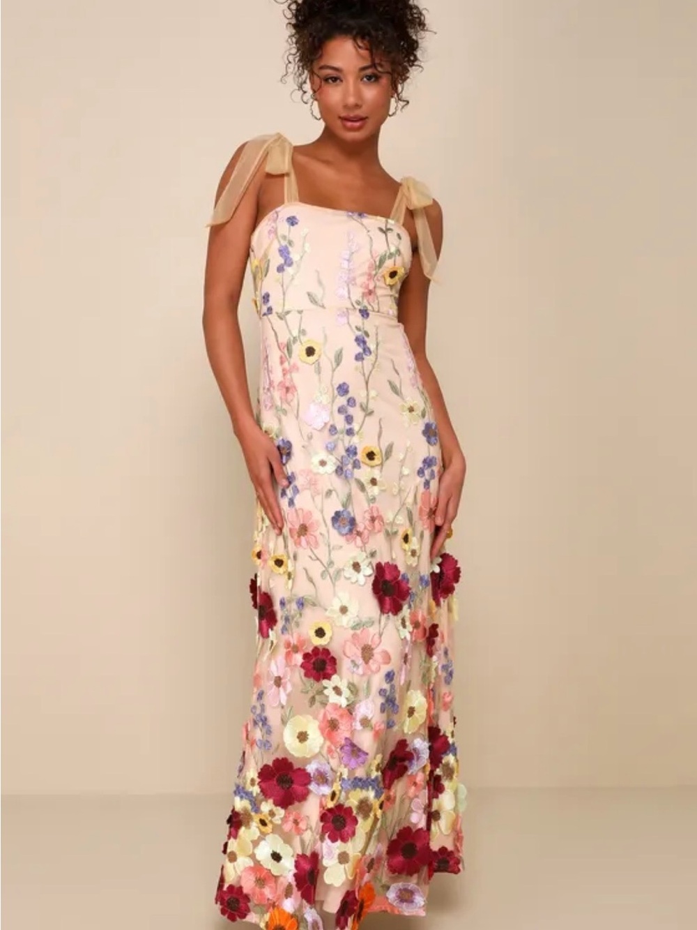 Lulu's Thriving Poise Blush 3D Floral Embroidered Tie-Strap Maxi Dress